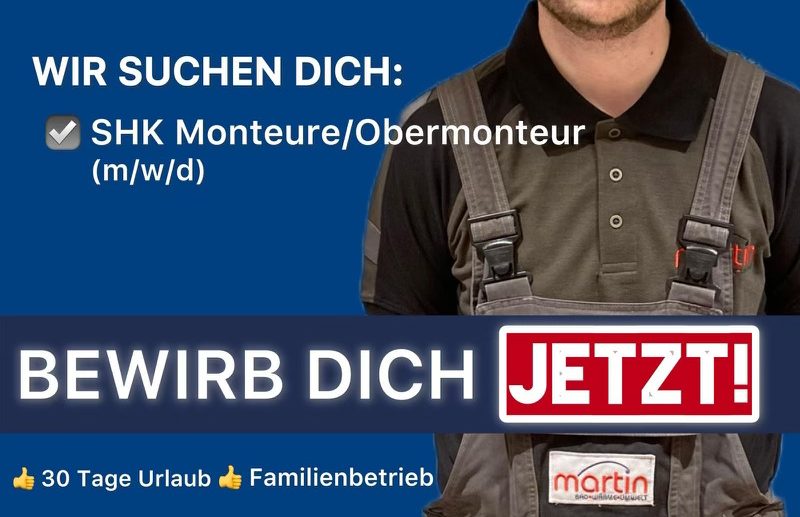 Stellenanzeigen Stellenangebot für SHK Monteure und Obermonteure mit Bewerbungsaufruf.